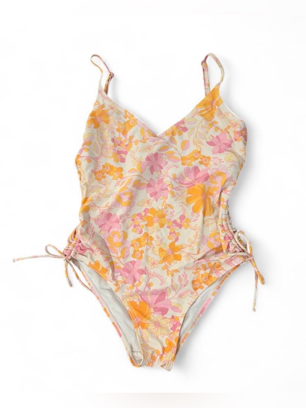 Ninety-Nine Degrees women’s Sz. M pink + orange + yellow floral one piece suit